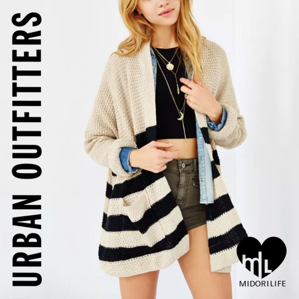 BDG Rolled-Sleeve Open Front Striped Cardigan